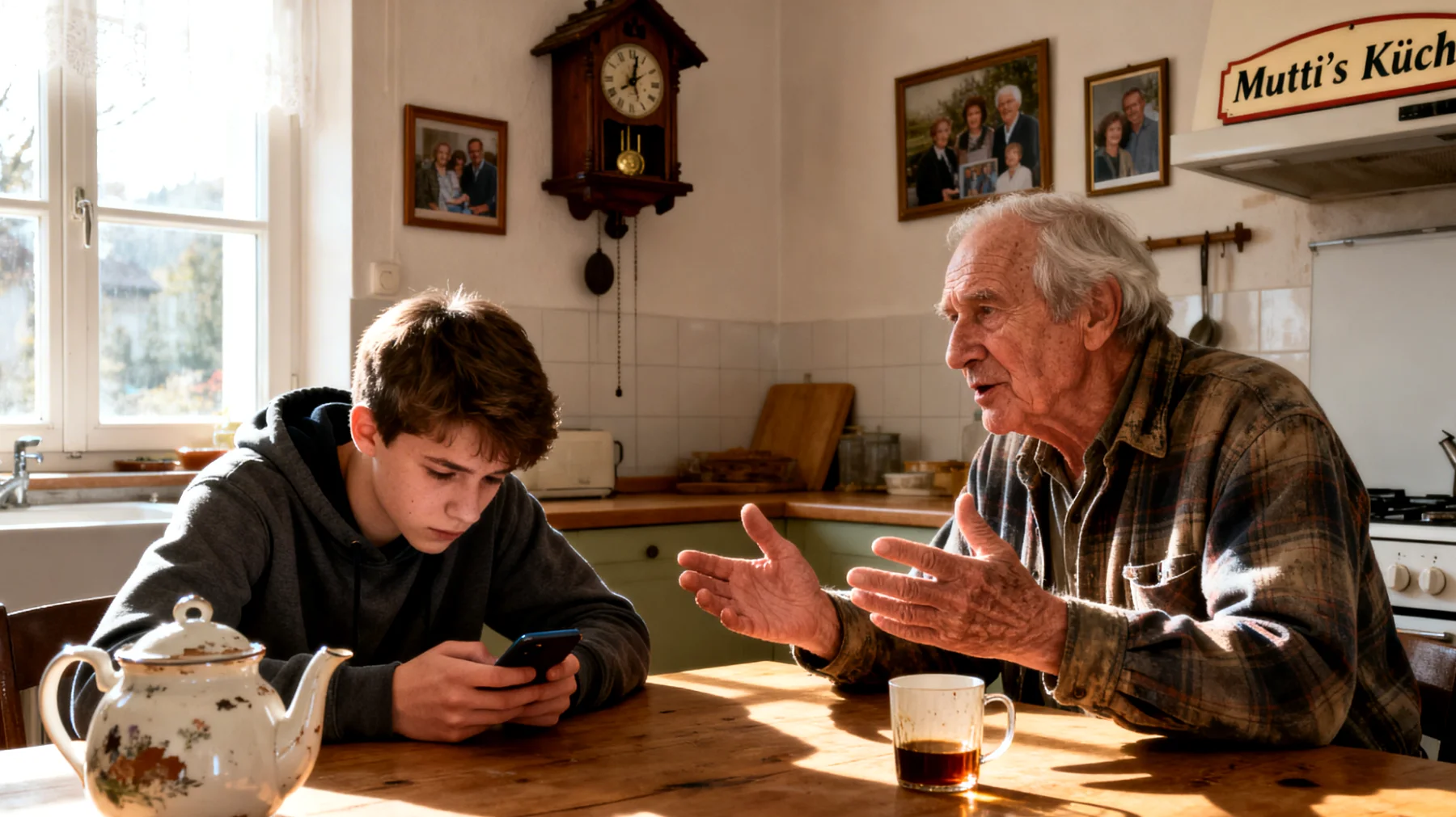 Der Großvater macht sich intensive Sorgen um die Zukunft seines Enkels im Jugendalter – sei es bezüglich Schulabschluss, Berufswahl oder persönlicher Stabilität. Diese Zukunftsangst führt dazu, dass er den Enkel unter Druck setzt, ständig Ratschläge gibt und Entscheidungen vorwegnehmen möchte, was beim Jugendlichen Widerstand, Rückzug und das Gefühl auslöst, nicht vertraut und nicht akzeptiert zu werden."