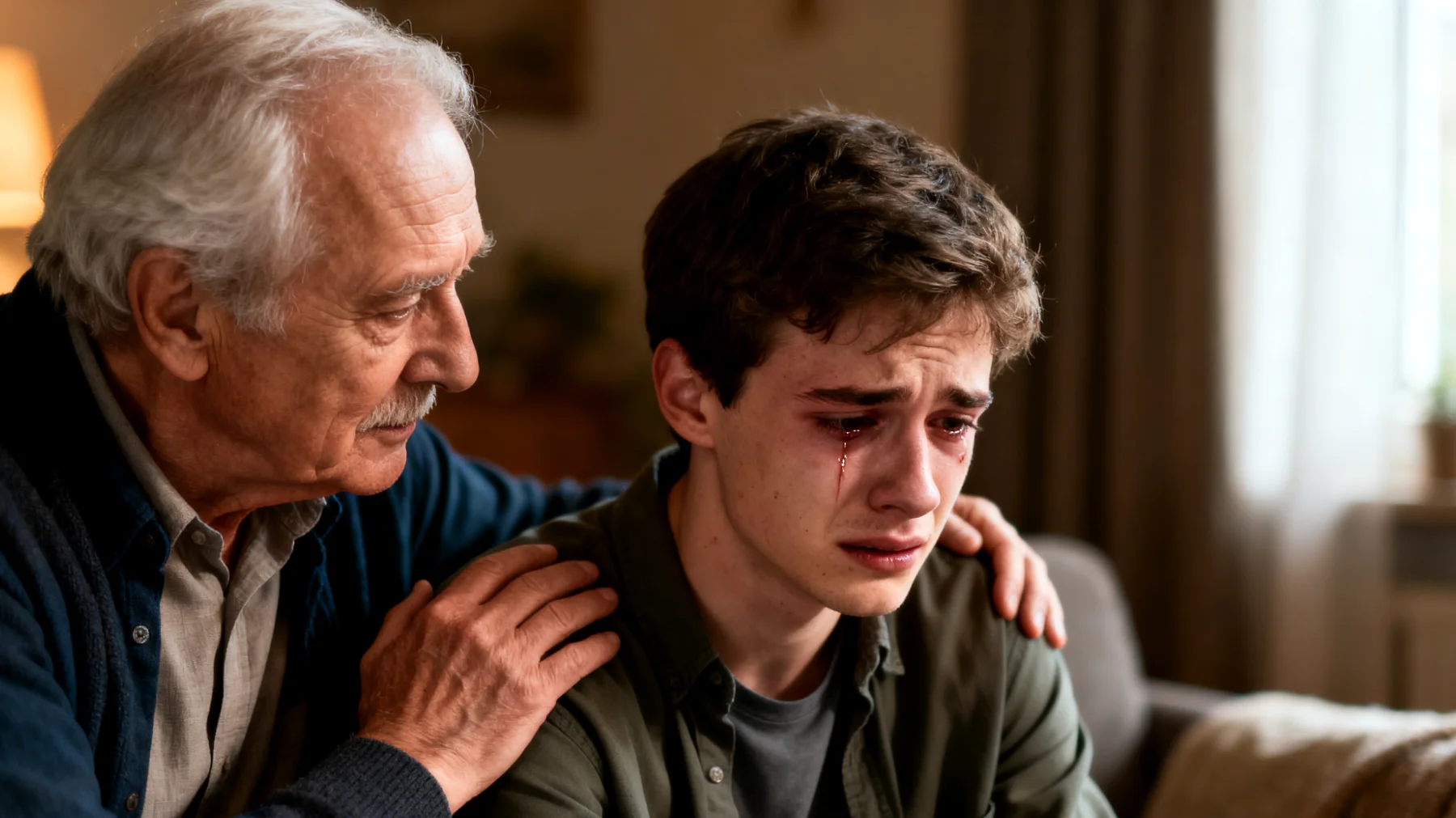 Der Großvater fühlt sich hilflos und überfordert, wenn sein erwachsener Enkel starke Emotionen wie Wut, Tränen oder tiefe Angst zeigt – er weiß nicht, wie er reagieren soll, ohne die Beziehung zu beschädigen oder den Enkel zu verletzen."